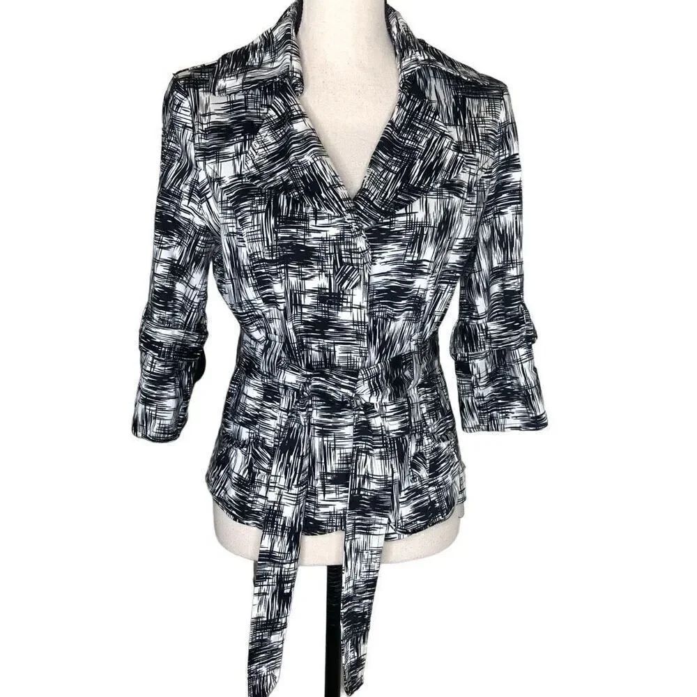 Luii Crosshatch Belted 3/4 Sleeve Cotton Blend Jacket M Career Casual